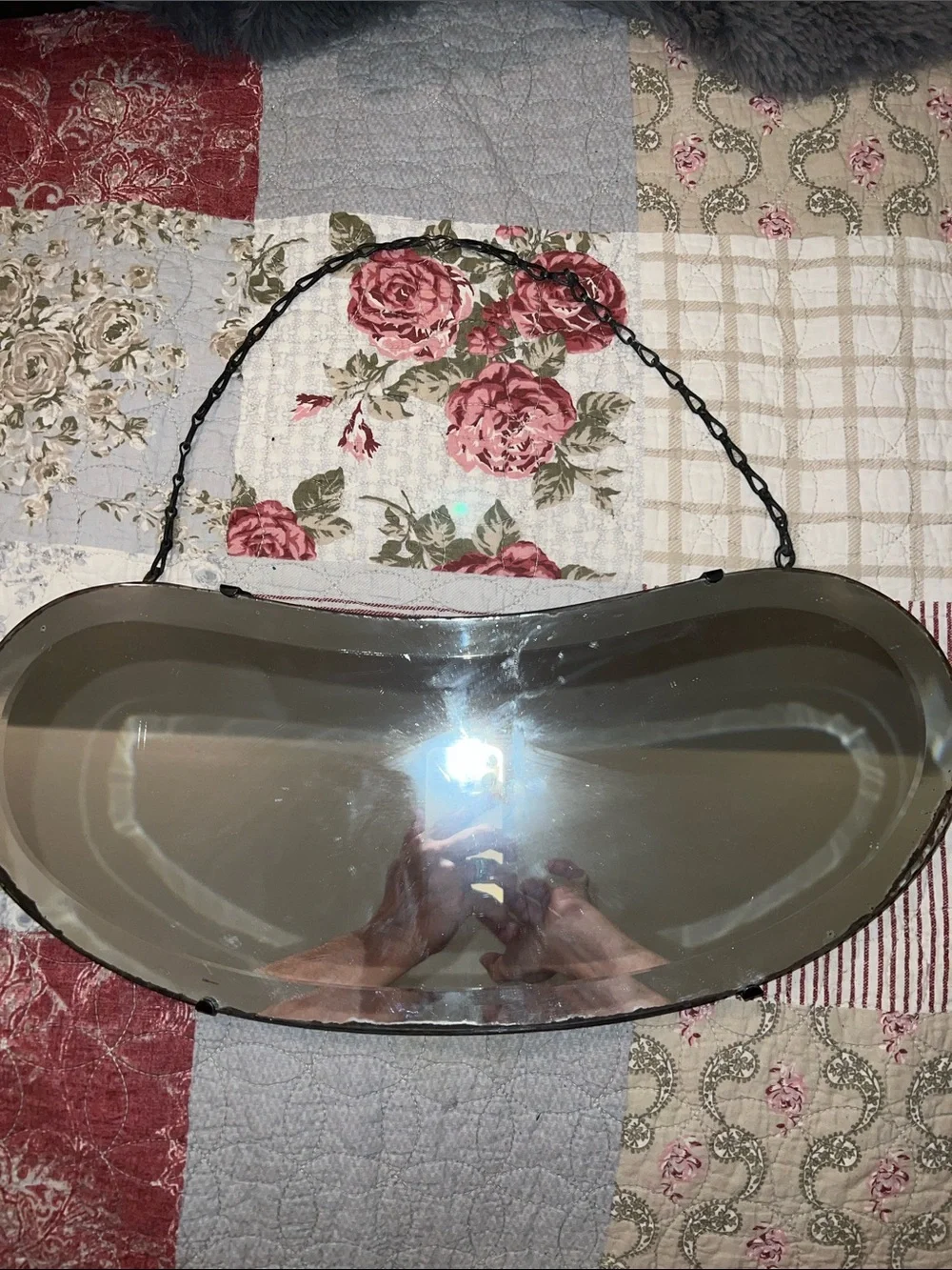 Antique Art Deco Beveled kidney shape hanging mirror w chain